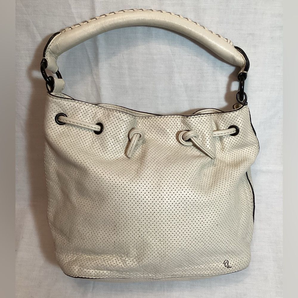 Elliot Lucca White Cream Leather Shoulder Bucket Bag Black & Hot Pink Interior